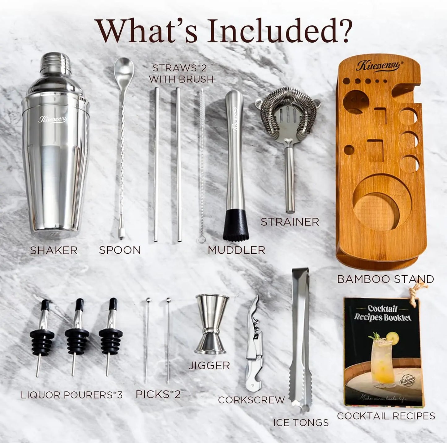 17-Piece Cocktail Shaker Set with Stand – Stainless Steel Bartender Kit with Tools & Recipe Book