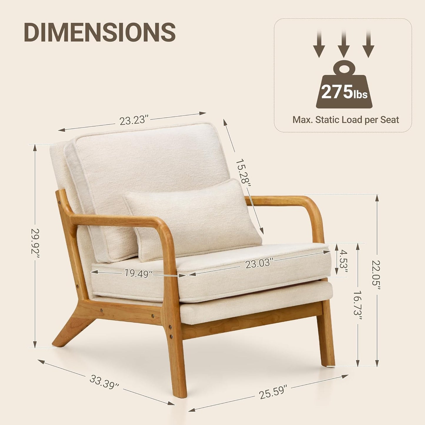 Mid Century Modern Accent Chair Set of 2 – Wood Frame Armchairs with Lumbar Pillow, Beige
