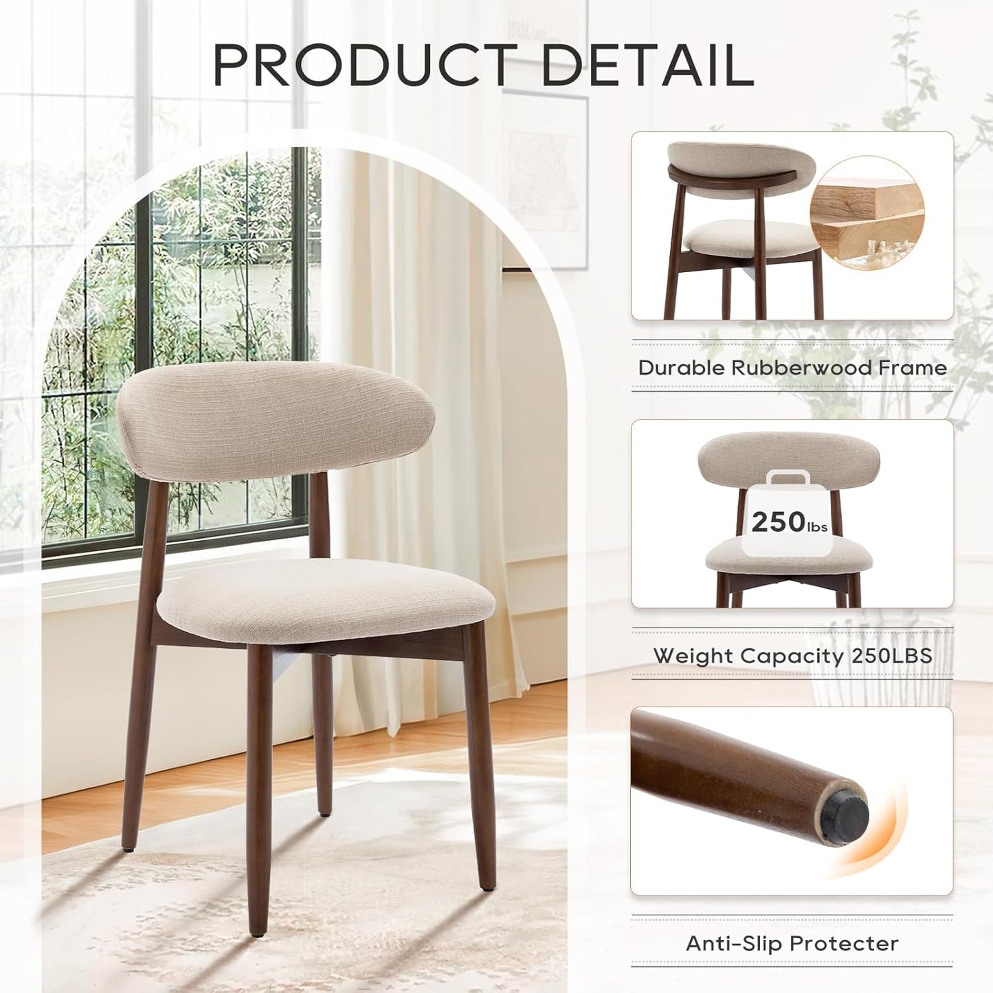 Set of 4 Modern Wooden Dining Chairs – Upholstered Side Chairs for Kitchen & Dining Room, Beige