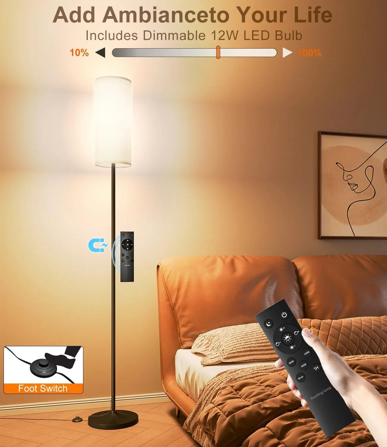 LED Floor Lamp with Remote & Foot Switch – Dimmable Tall Standing Lamp with Linen Shade, 12W Bulb