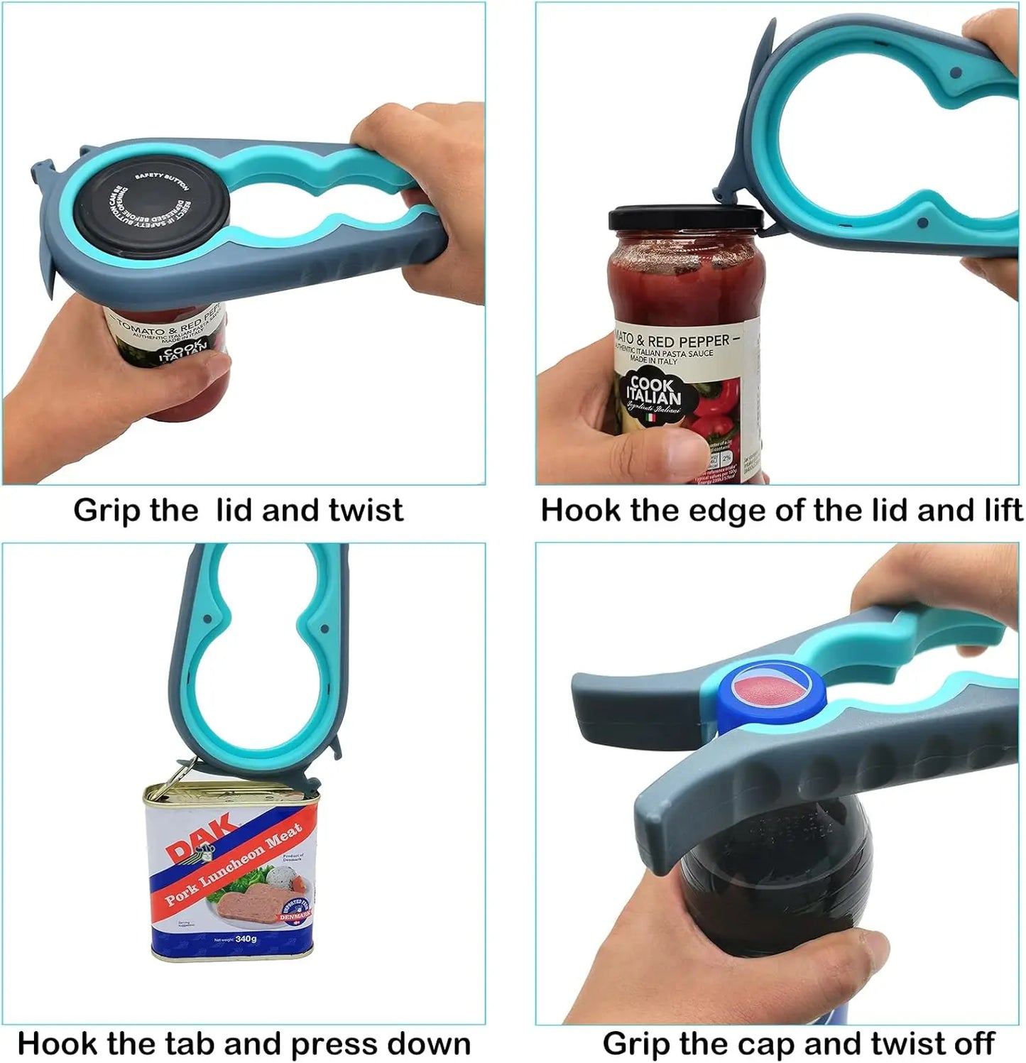 6-in-1 Jar & Bottle Opener for Seniors, Arthritis, and Weak Hands – Blue/Grey