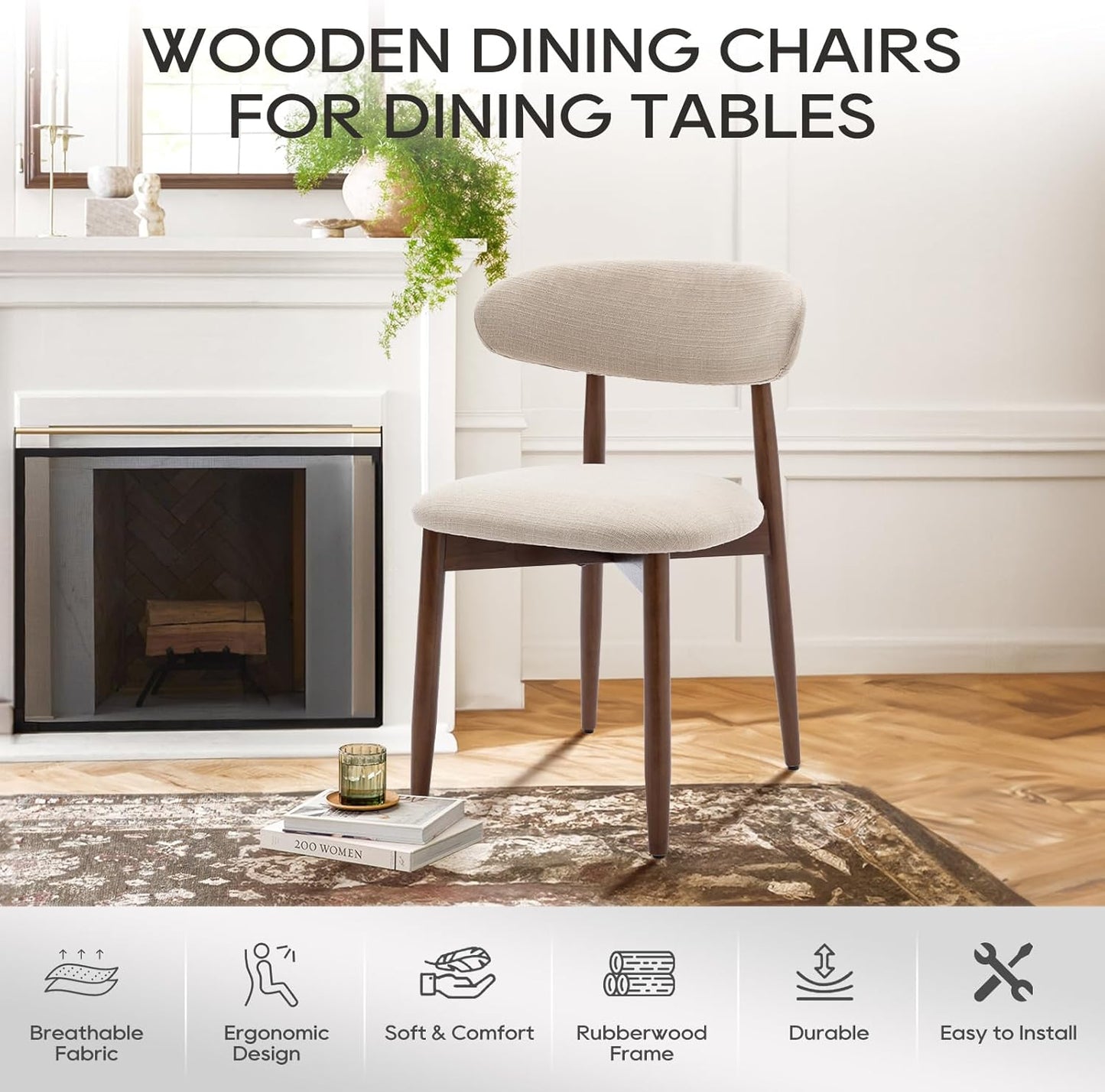 Set of 4 Modern Wooden Dining Chairs – Upholstered Side Chairs for Kitchen & Dining Room, Beige