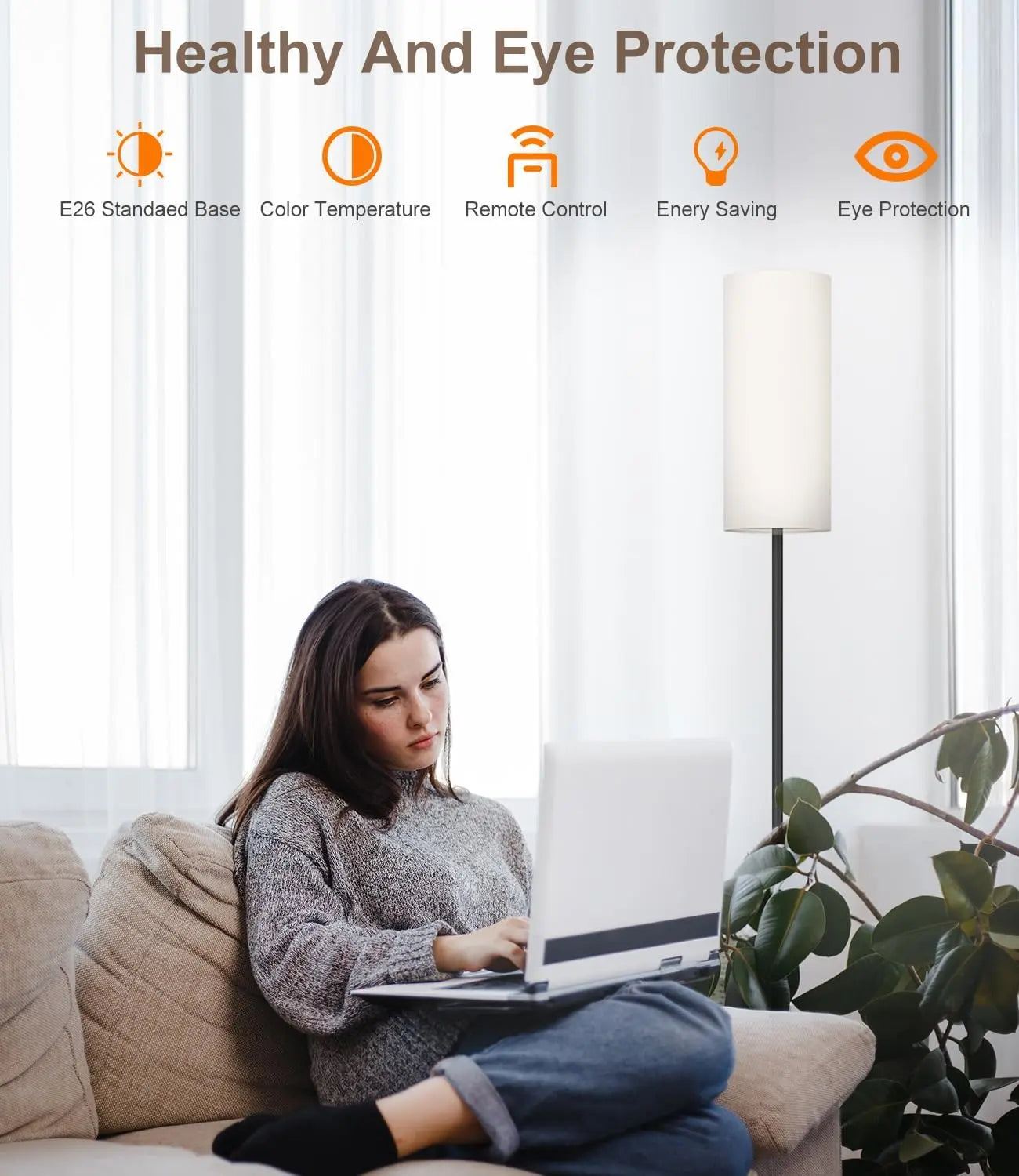 LED Floor Lamp with Remote & Foot Switch – Dimmable Tall Standing Lamp with Linen Shade, 12W Bulb