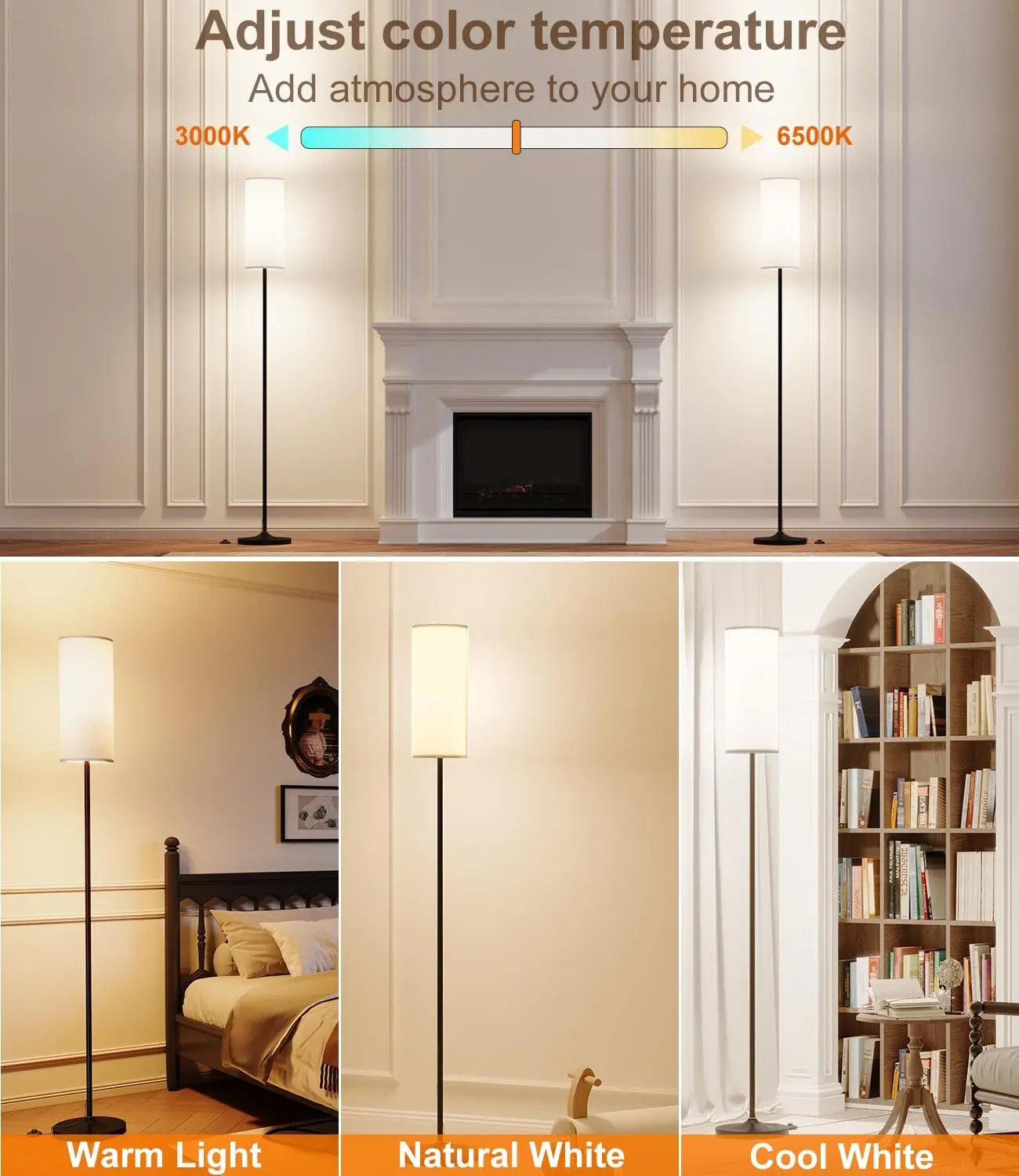 LED Floor Lamp with Remote & Foot Switch – Dimmable Tall Standing Lamp with Linen Shade, 12W Bulb