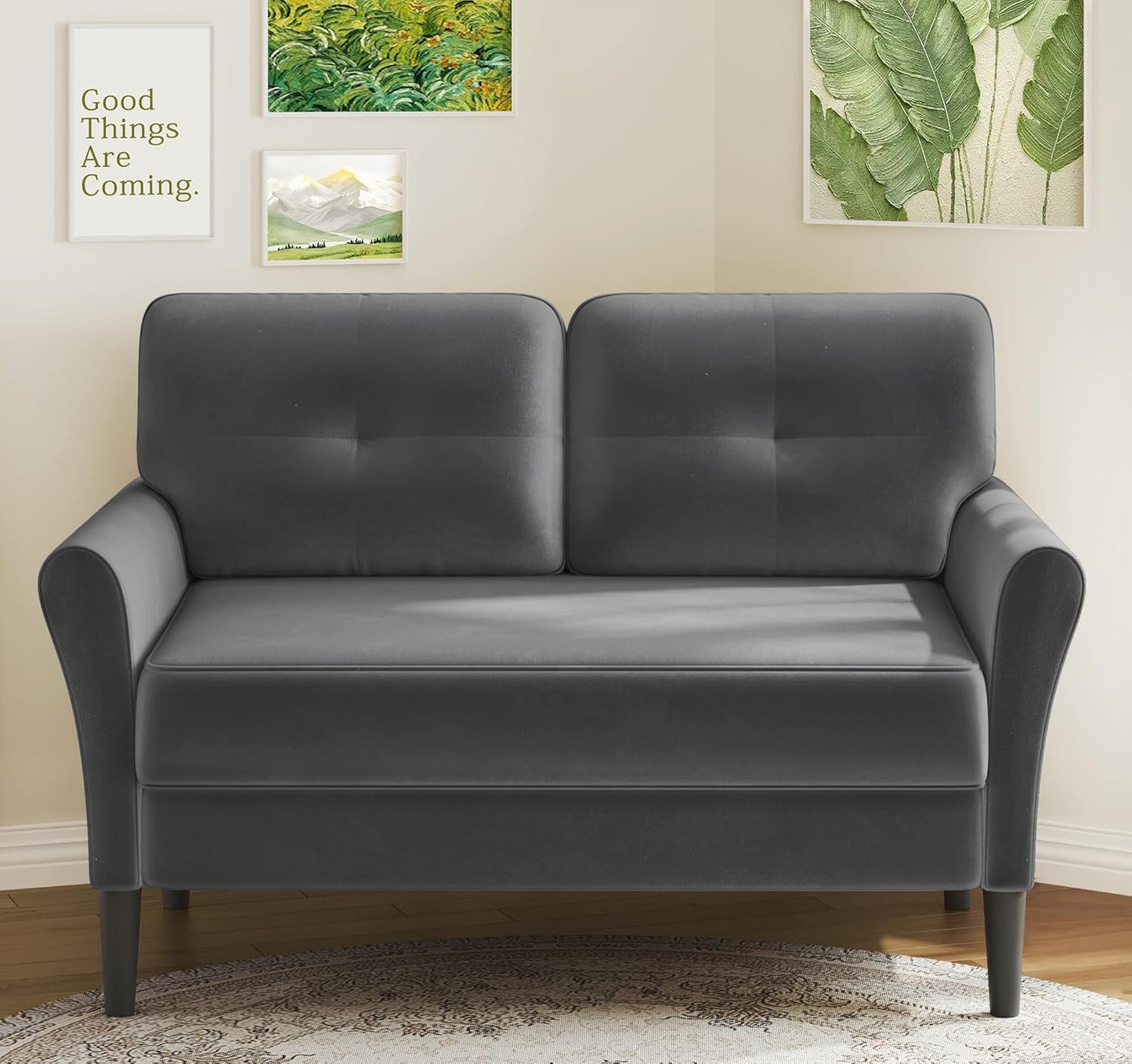 small Sofa Couch, 48" Loveseat Sofa, Soft Velvet Love Seat Couches, Small Couch for Bedroom with 21" Deep Seat, Comfy Couches for Living Room, Tool-Free Setup Sofas for Living Room, Grey