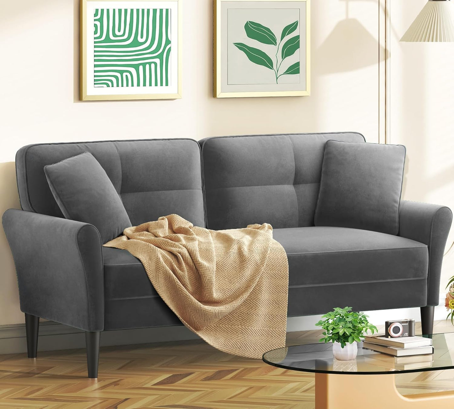 small Sofa Couch, 48" Loveseat Sofa, Soft Velvet Love Seat Couches, Small Couch for Bedroom with 21" Deep Seat, Comfy Couches for Living Room, Tool-Free Setup Sofas for Living Room, Grey