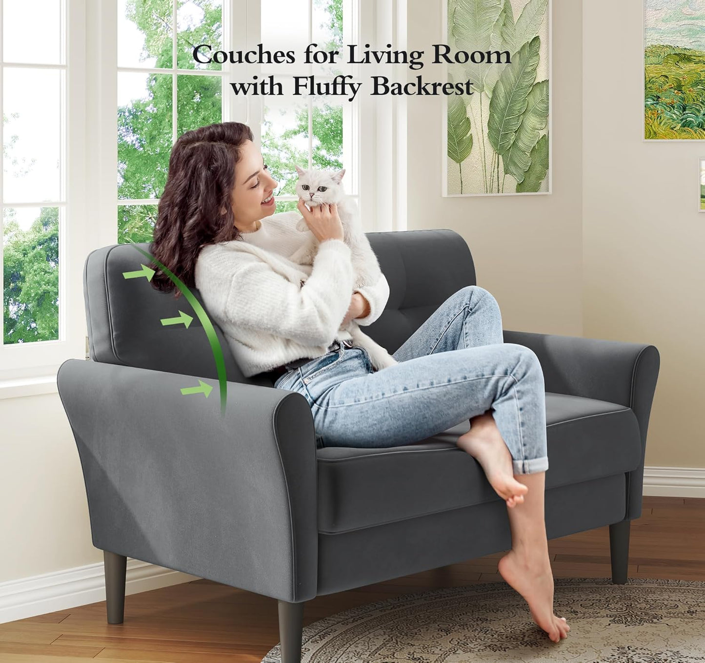 small Sofa Couch, 48" Loveseat Sofa, Soft Velvet Love Seat Couches, Small Couch for Bedroom with 21" Deep Seat, Comfy Couches for Living Room, Tool-Free Setup Sofas for Living Room, Grey