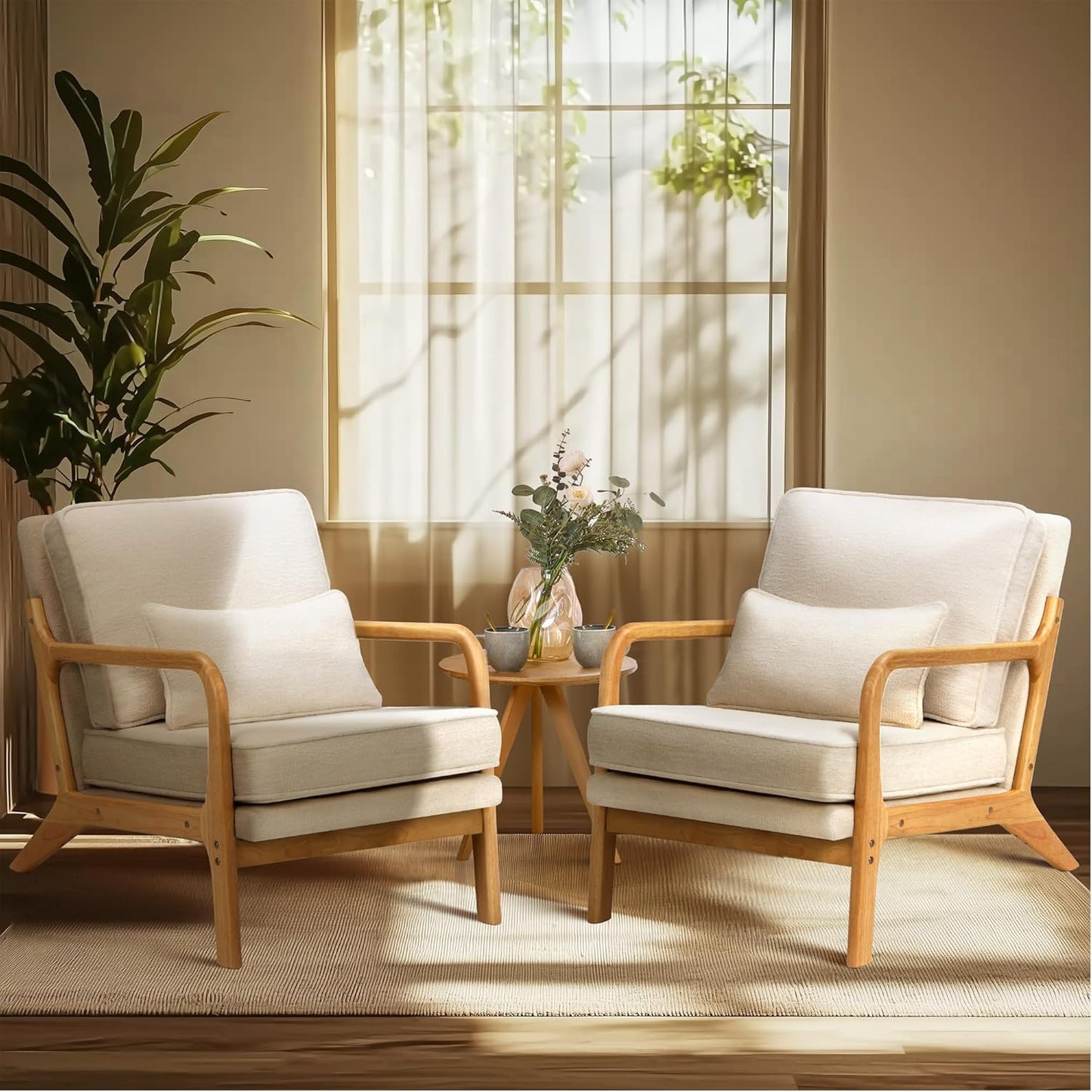 Mid Century Modern Accent Chair Set of 2 – Wood Frame Armchairs with Lumbar Pillow, Beige