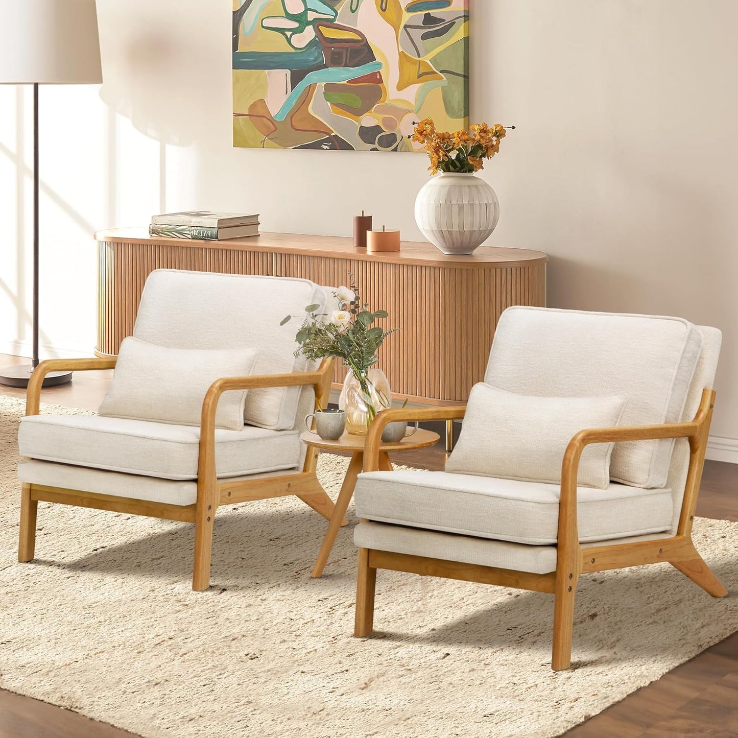 Mid Century Modern Accent Chair Set of 2 – Wood Frame Armchairs with Lumbar Pillow, Beige