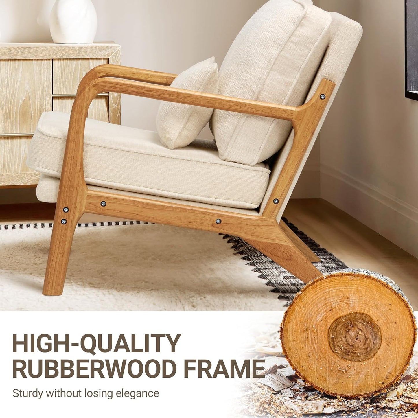 Mid Century Modern Accent Chair Set of 2 – Wood Frame Armchairs with Lumbar Pillow, Beige