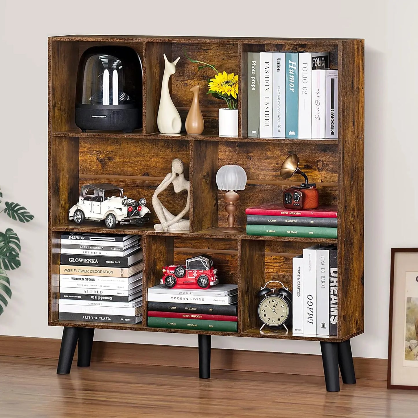 3‑Tier Mid-Century Cube Bookshelf w/ Legs – Rustic Brown Organizer