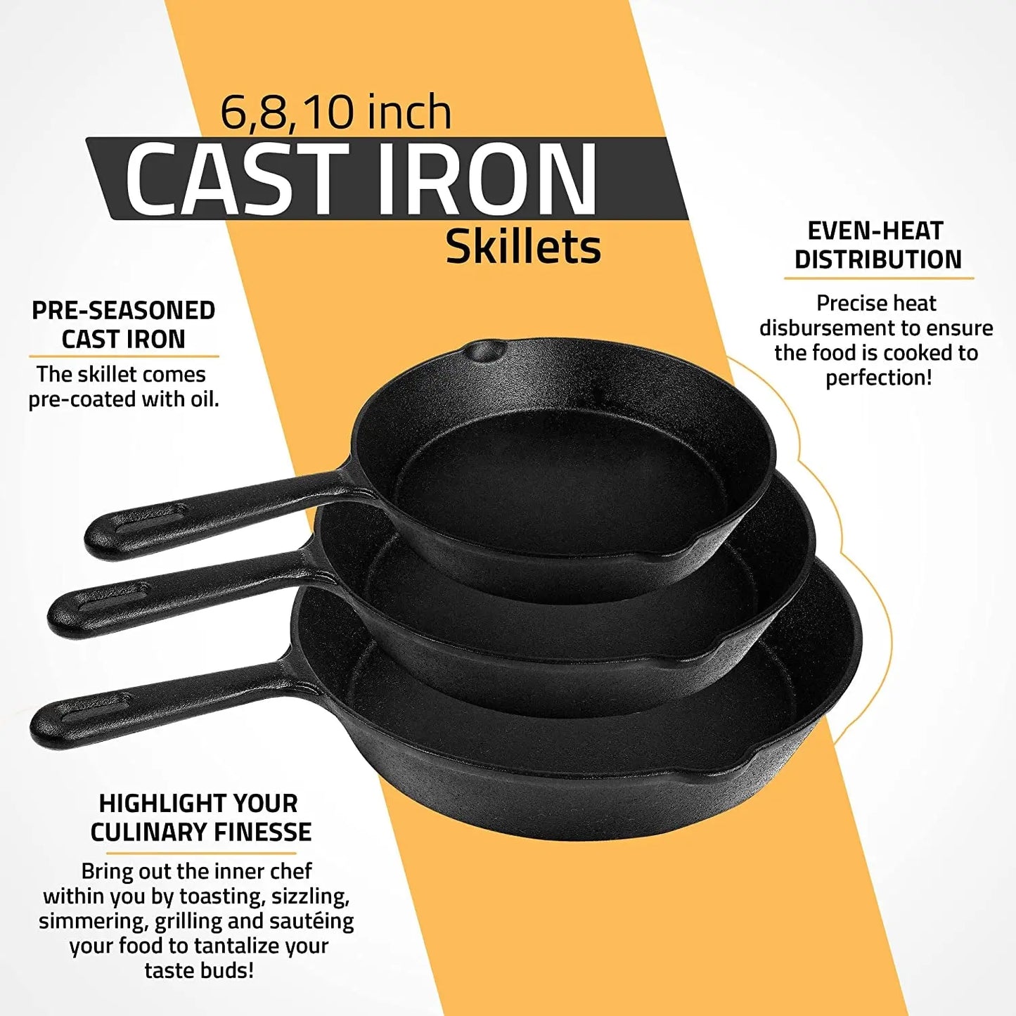 3-Piece Cast Iron Skillet Set – Pre-Seasoned Frying Pans (6", 8", 10") for Stove, Oven & Grill