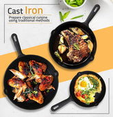 3-Piece Cast Iron Skillet Set – Pre-Seasoned Frying Pans (6", 8", 10") for Stove, Oven & Grill