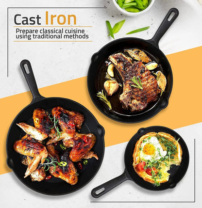 3-Piece Cast Iron Skillet Set – Pre-Seasoned Frying Pans (6", 8", 10") for Stove, Oven & Grill