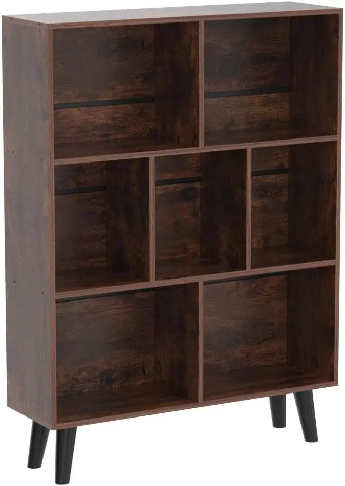 3‑Tier Mid-Century Cube Bookshelf w/ Legs – Rustic Brown Organizer