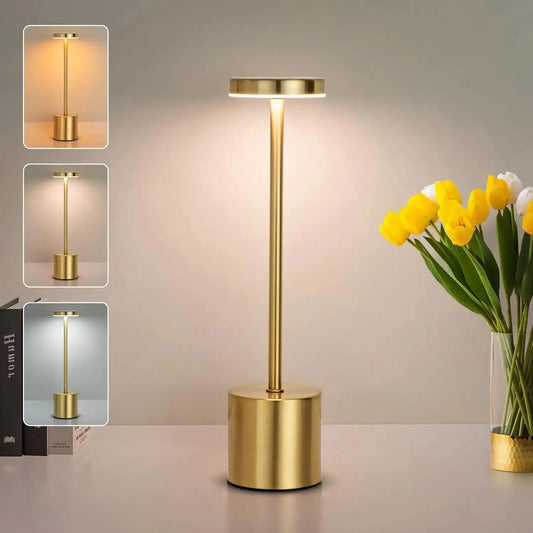 Gold Cordless LED Table Lamp – Touch Control, Rechargeable, 3-Color Dimmable Light for Bedroom & Restaurant
