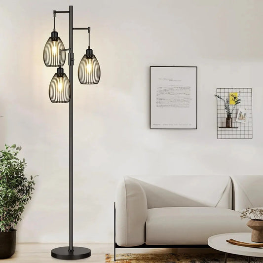 Dimmable Farmhouse Floor Lamp – 3 LED Bulbs Included, Black Industrial Standing Tree Lamp