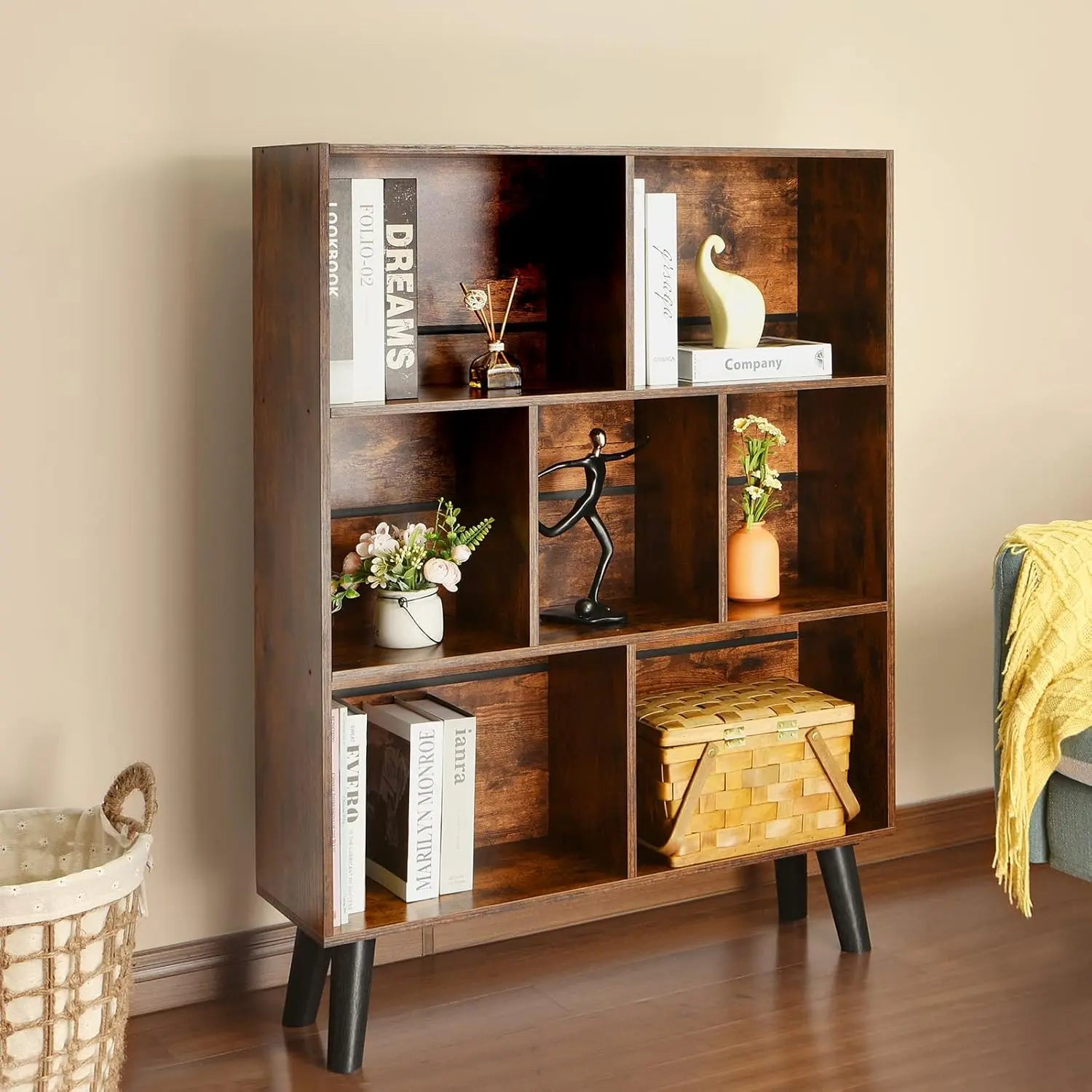 3‑Tier Mid-Century Cube Bookshelf w/ Legs – Rustic Brown Organizer