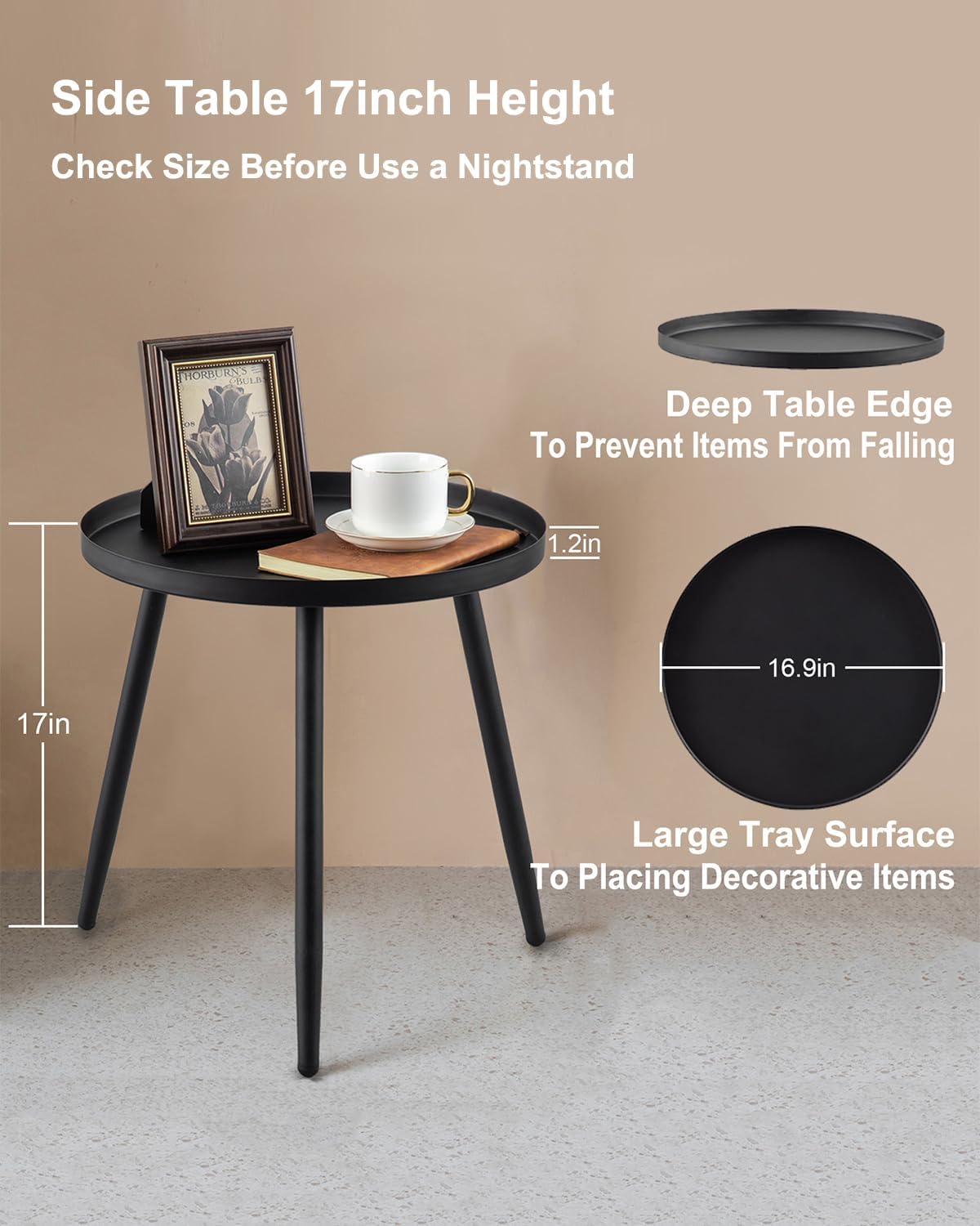 Small Round Metal Side Table – 17" Matte Black End Table for Small Spaces, 3-Leg Easy Assembly