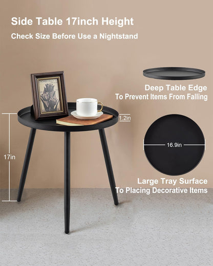 Small Round Metal Side Table – 17" Matte Black End Table for Small Spaces, 3-Leg Easy Assembly