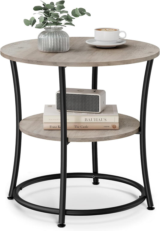 Round Side Table with 2 Storage Shelves – Greige & Black End Table for Living Room or Bedroom, Steel Frame