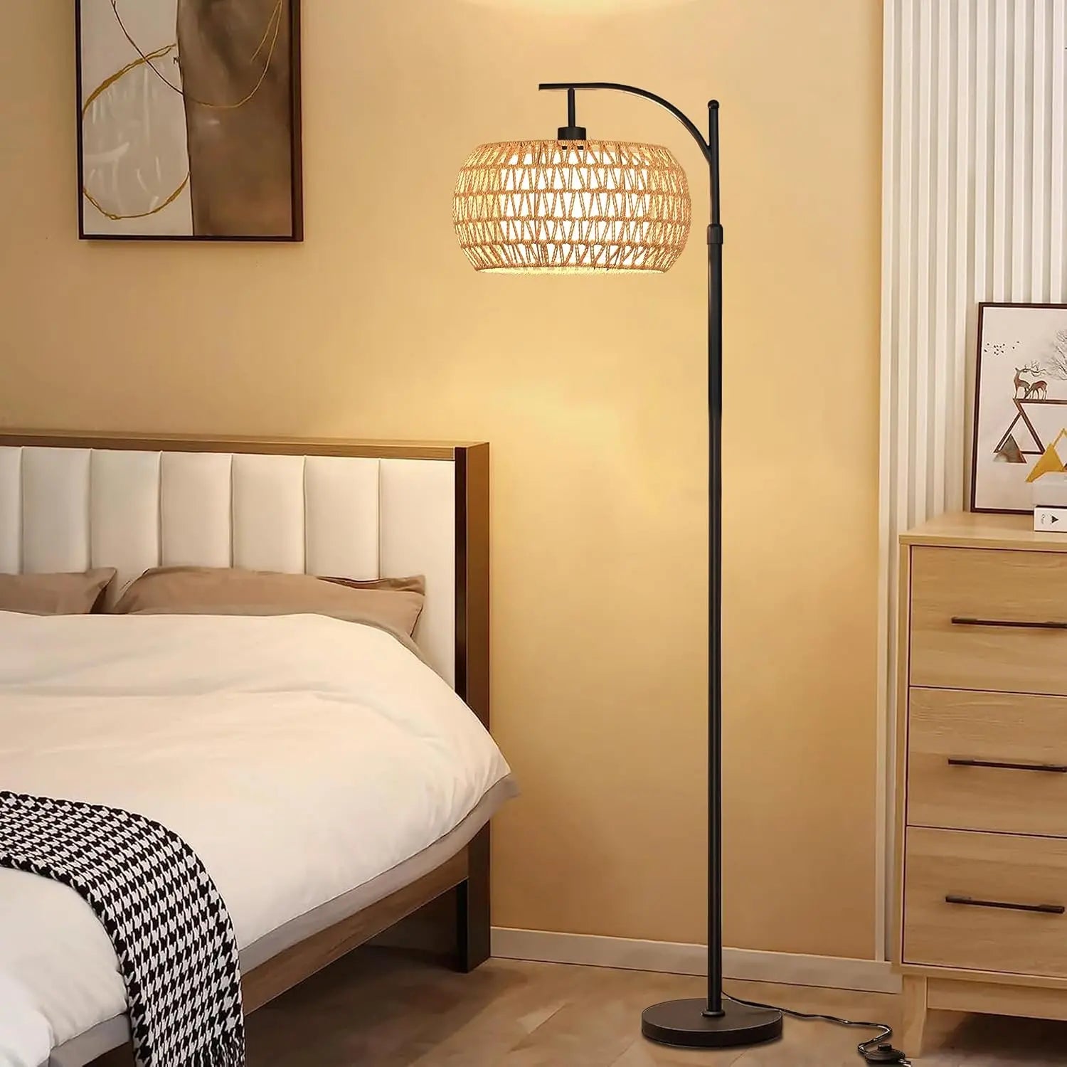 Boho Arc Floor Lamp with Remote – Dimmable LED Rattan Standing Lamp with 3 Color Settings