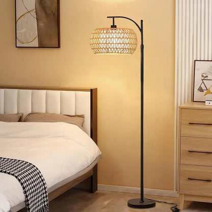 Boho Arc Floor Lamp with Remote – Dimmable LED Rattan Standing Lamp with 3 Color Settings