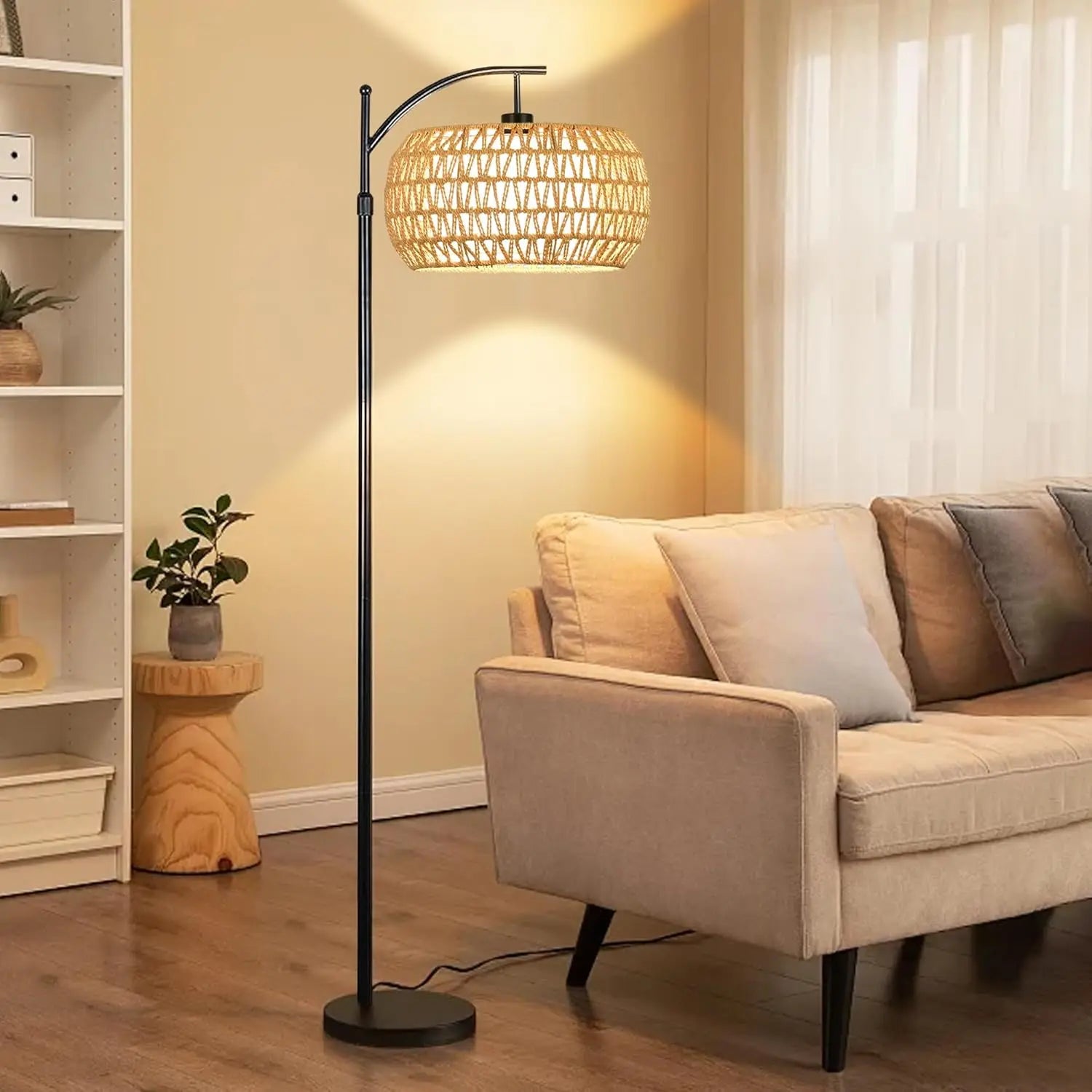 Boho Arc Floor Lamp with Remote – Dimmable LED Rattan Standing Lamp with 3 Color Settings