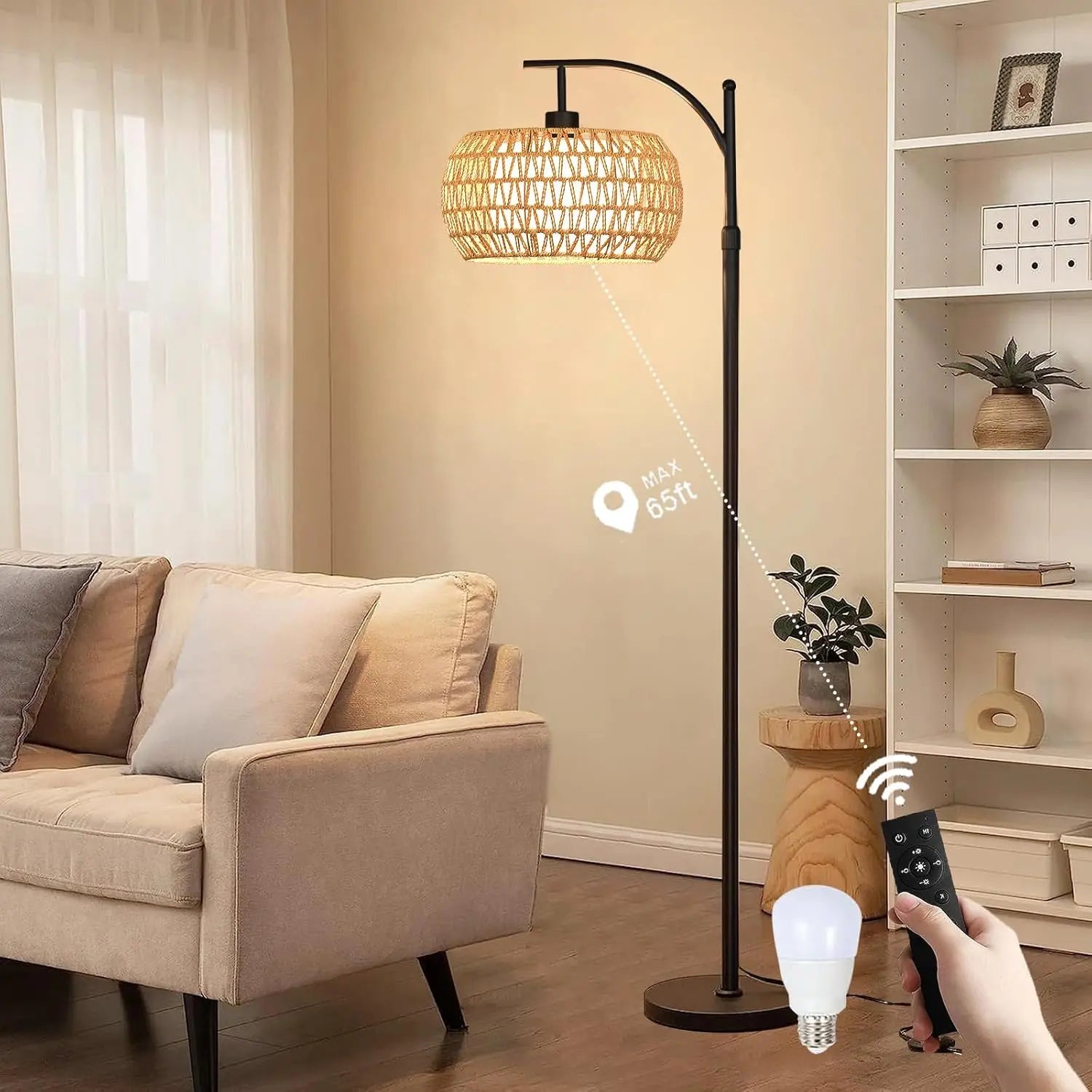 Boho Arc Floor Lamp with Remote – Dimmable LED Rattan Standing Lamp with 3 Color Settings