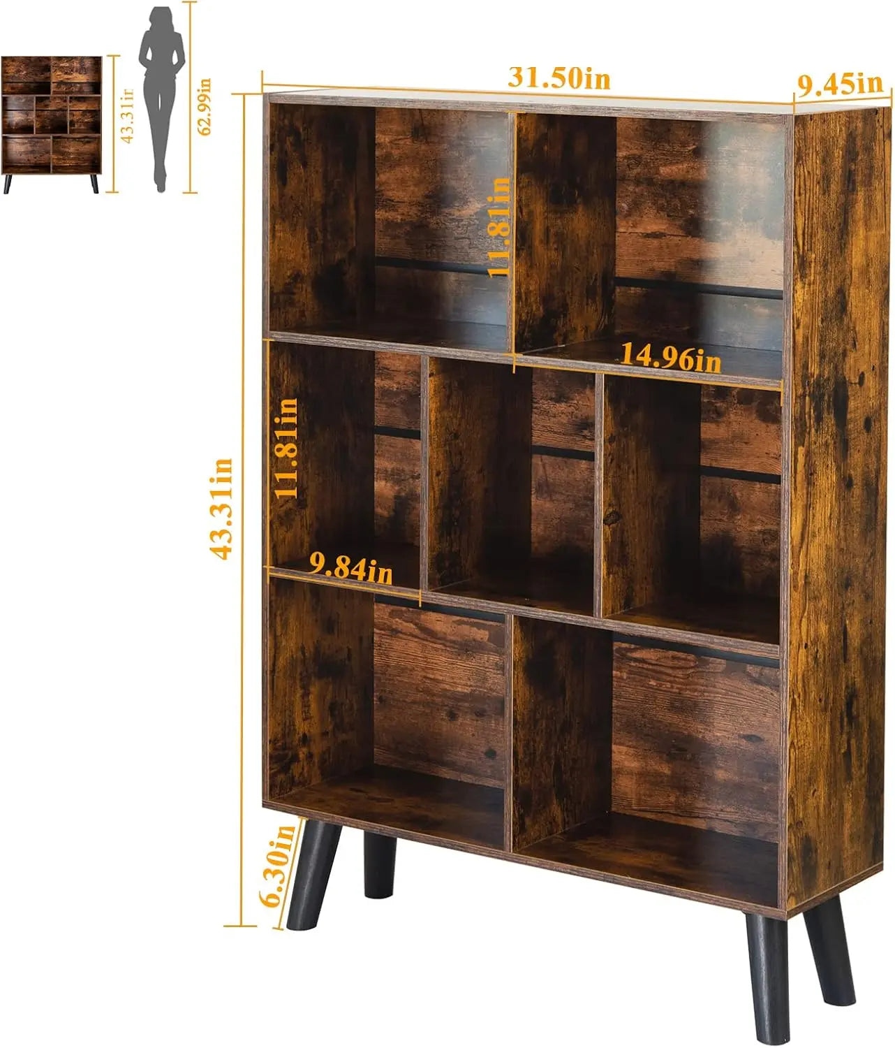 3‑Tier Mid-Century Cube Bookshelf w/ Legs – Rustic Brown Organizer