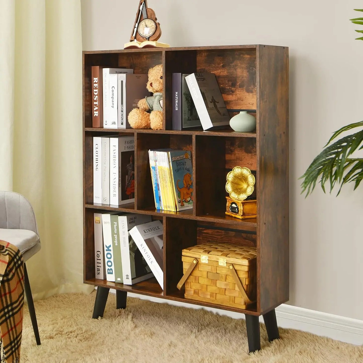 3‑Tier Mid-Century Cube Bookshelf w/ Legs – Rustic Brown Organizer