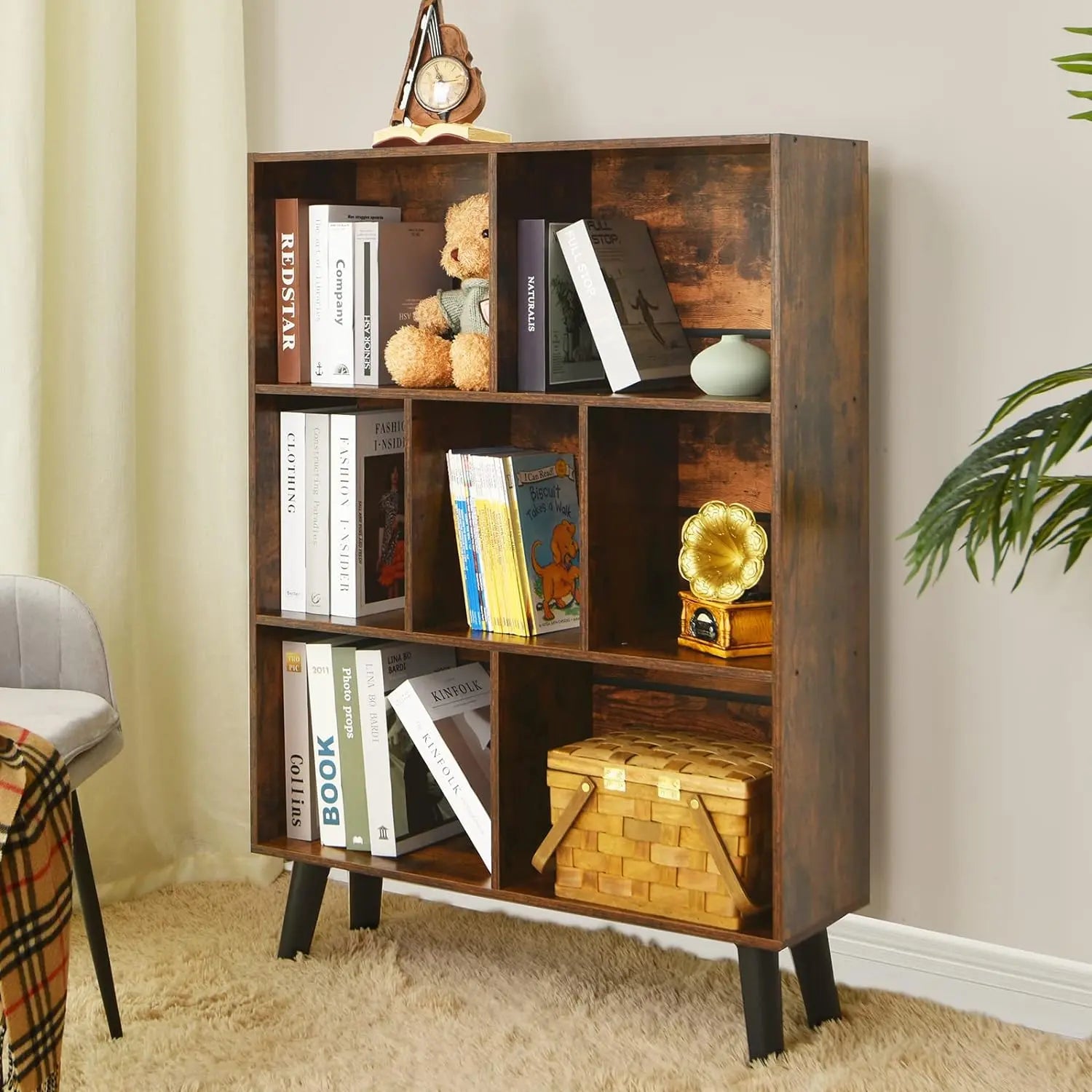 3‑Tier Mid-Century Cube Bookshelf w/ Legs – Rustic Brown Organizer