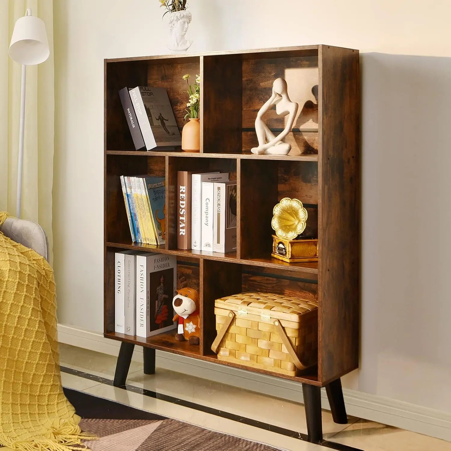 3‑Tier Mid-Century Cube Bookshelf w/ Legs – Rustic Brown Organizer
