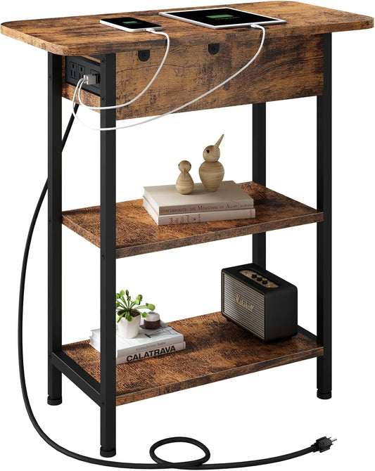 End Table with Charging Station – Flip Top Side Table with USB Ports & Outlets, Storage Shelf, Rustic Brown Nightstand for Small Spaces