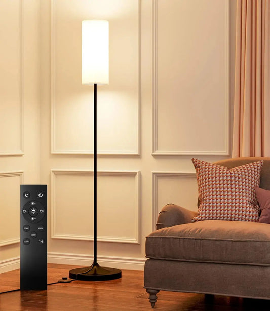 LED Floor Lamp with Remote & Foot Switch – Dimmable Tall Standing Lamp with Linen Shade, 12W Bulb