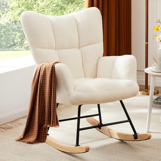 Teddy Upholstered Rocking Chair for Nursery – High Back Glider Recliner for Baby & Living Room