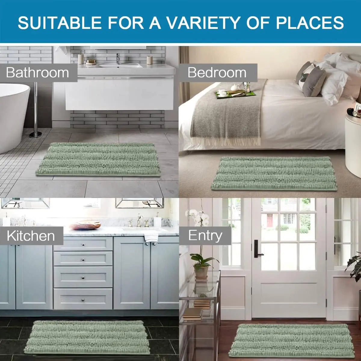 Sage Green Chenille Bathroom Rug Set – 2-Piece Ultra Thick Non-Slip Bath Mats (32x20 + 24x17)