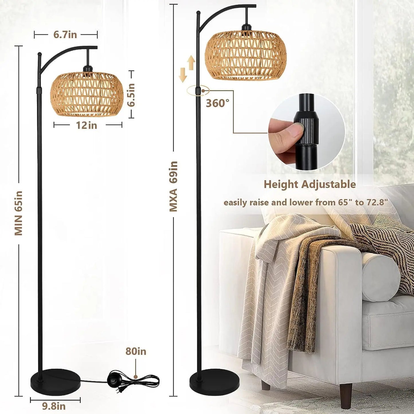 Boho Arc Floor Lamp with Remote – Dimmable LED Rattan Standing Lamp with 3 Color Settings