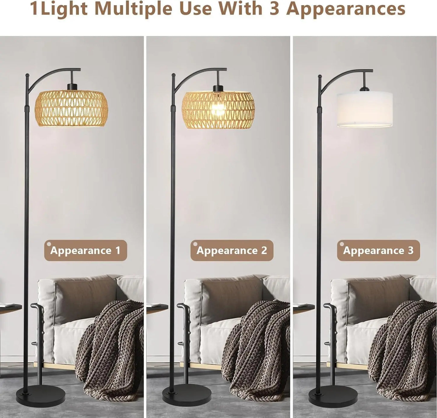 Boho Arc Floor Lamp with Remote – Dimmable LED Rattan Standing Lamp with 3 Color Settings