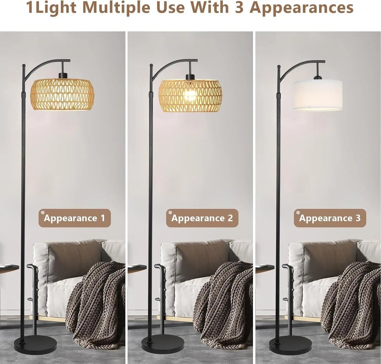 Boho Arc Floor Lamp with Remote – Dimmable LED Rattan Standing Lamp with 3 Color Settings