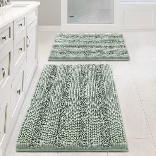 Sage Green Chenille Bathroom Rug Set – 2-Piece Ultra Thick Non-Slip Bath Mats (32x20 + 24x17)