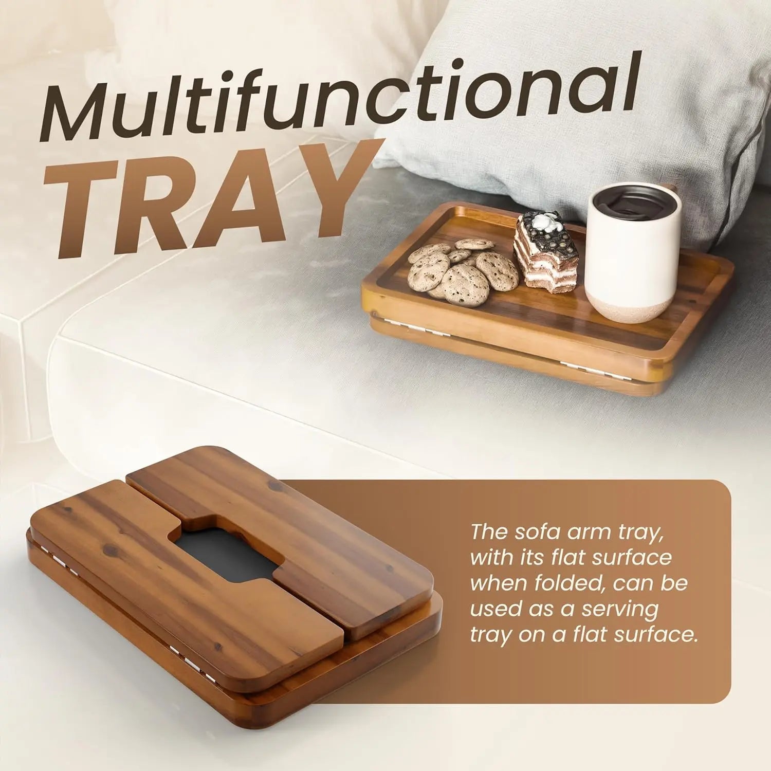 Acacia Wood Sofa Armrest Tray Table – Foldable Couch Clip-On Tray for Drinks & Snacks