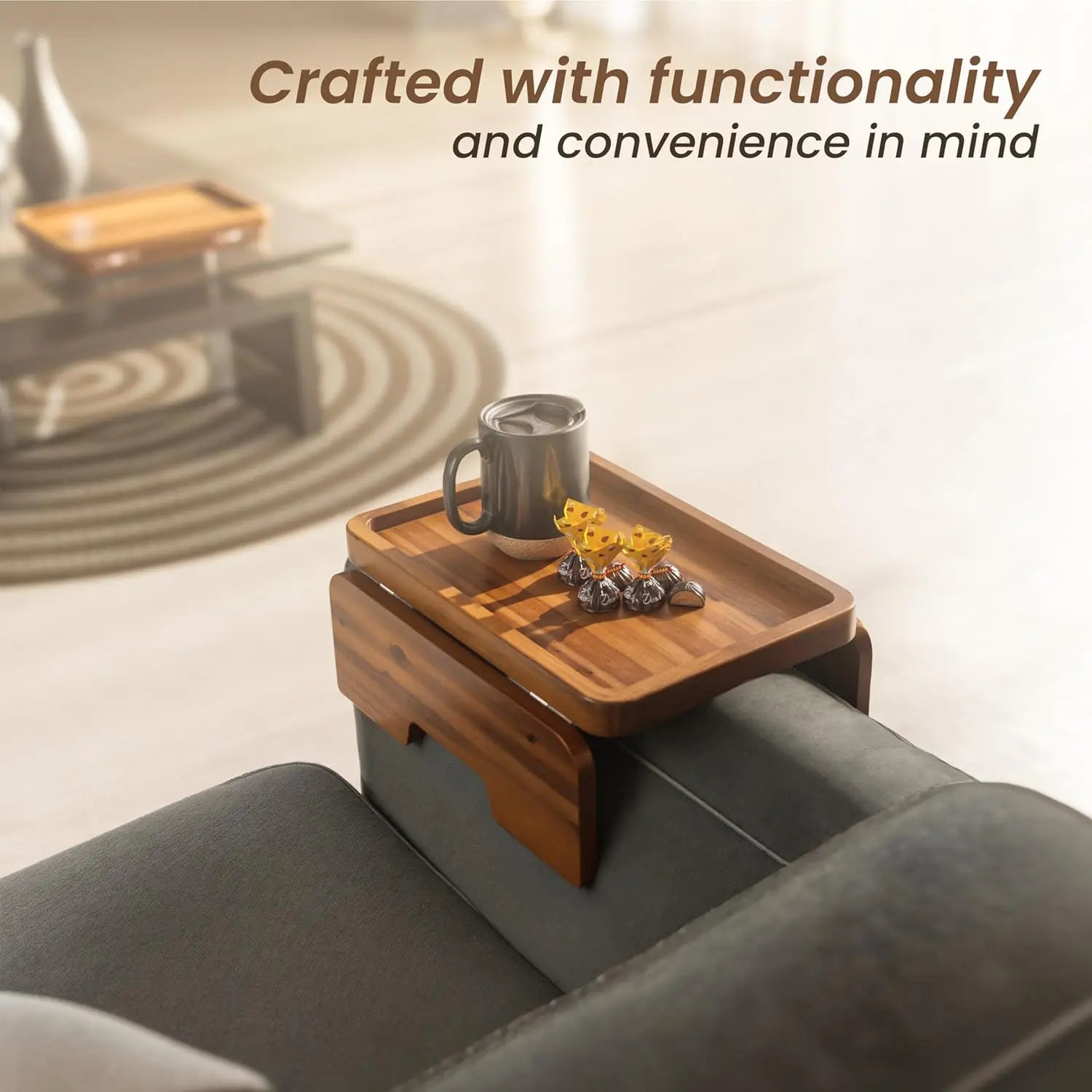 Acacia Wood Sofa Armrest Tray Table – Foldable Couch Clip-On Tray for Drinks & Snacks
