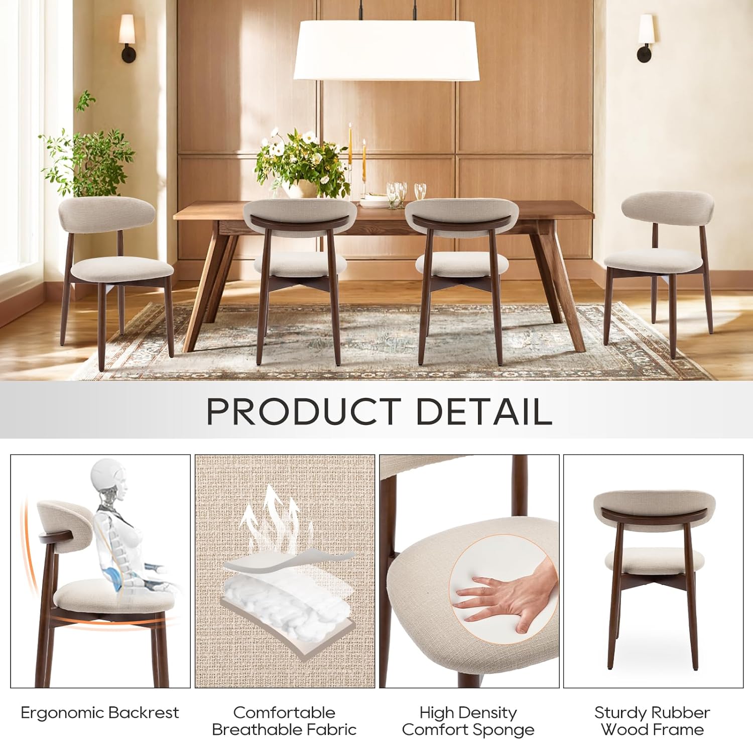 Set of 4 Modern Wooden Dining Chairs – Upholstered Side Chairs for Kitchen & Dining Room, Beige