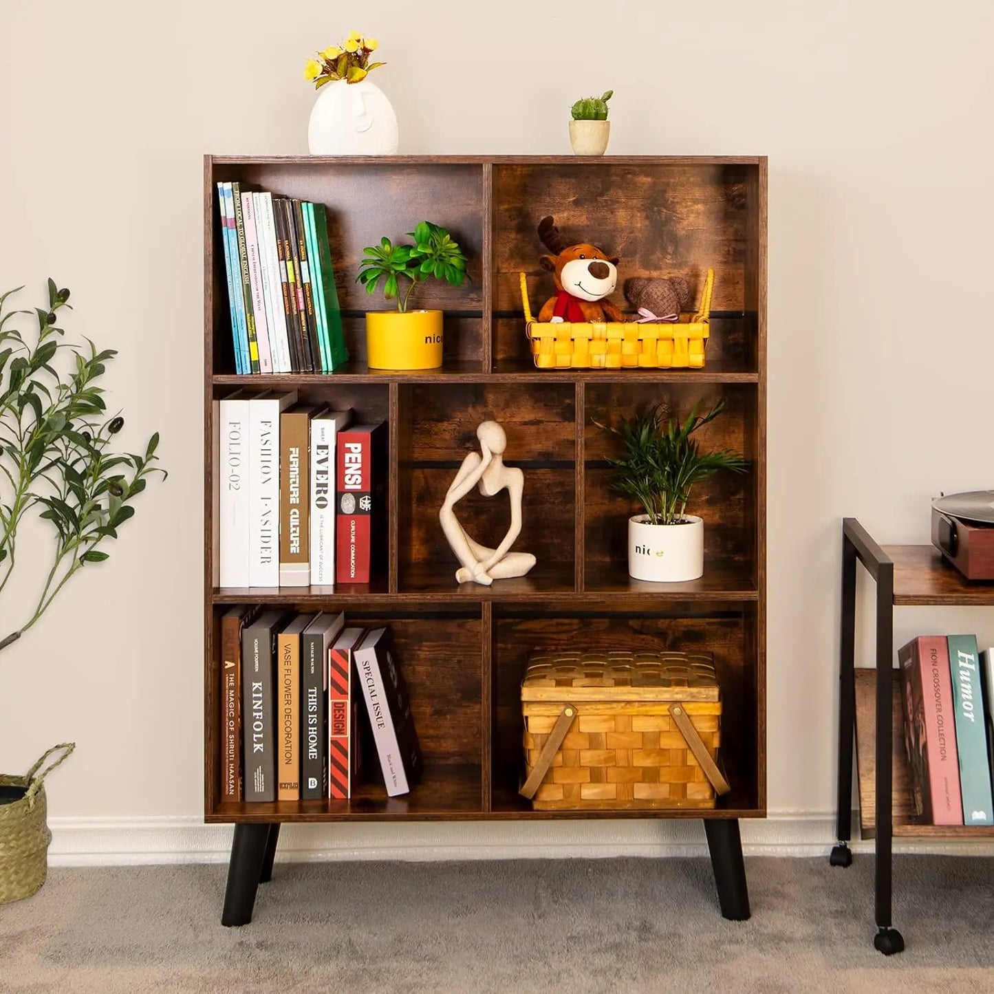 3‑Tier Mid-Century Cube Bookshelf w/ Legs – Rustic Brown Organizer