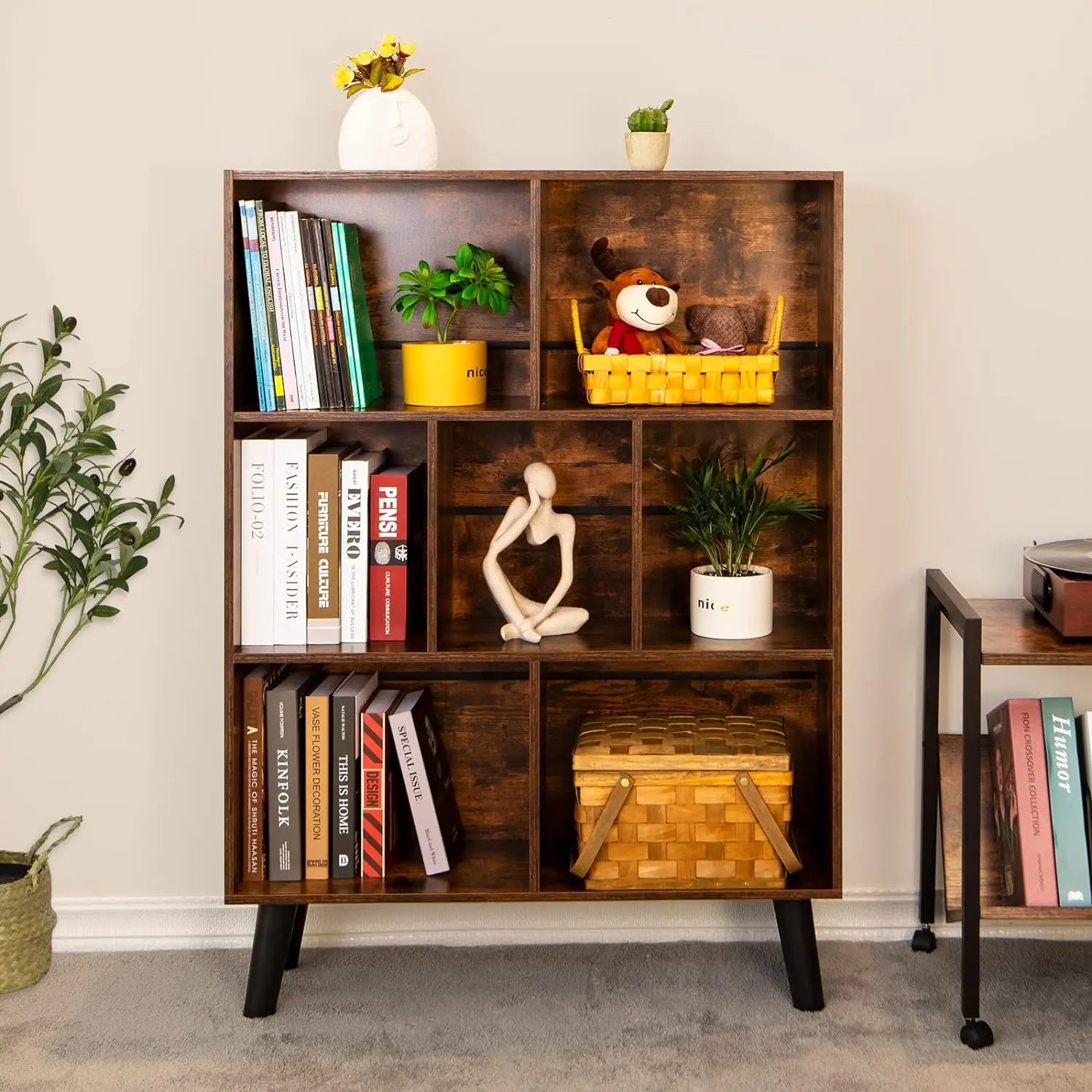 3‑Tier Mid-Century Cube Bookshelf w/ Legs – Rustic Brown Organizer