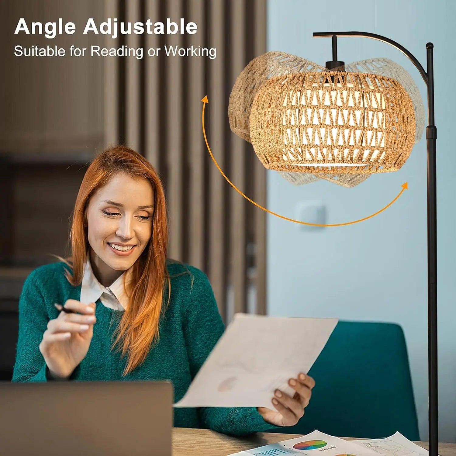 Boho Arc Floor Lamp with Remote – Dimmable LED Rattan Standing Lamp with 3 Color Settings