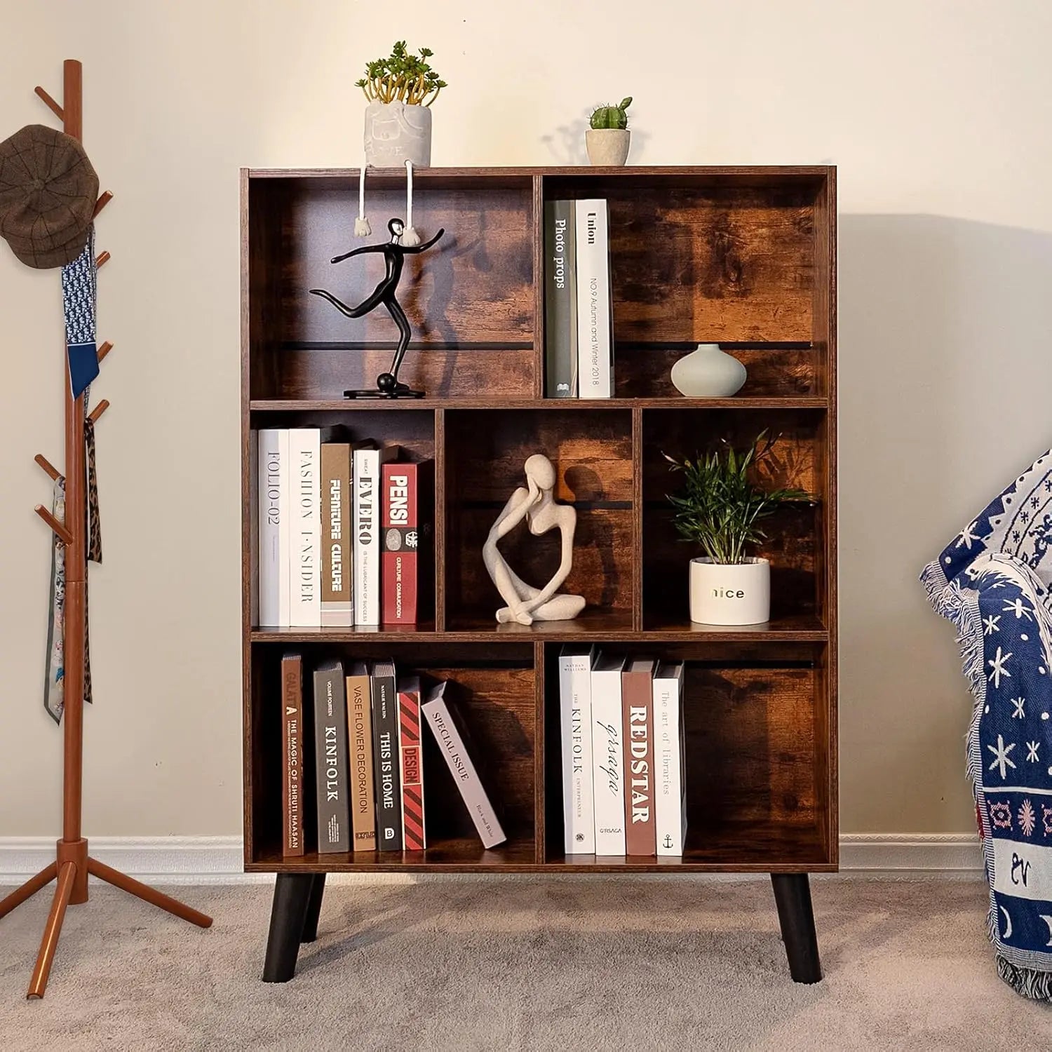 3‑Tier Mid-Century Cube Bookshelf w/ Legs – Rustic Brown Organizer