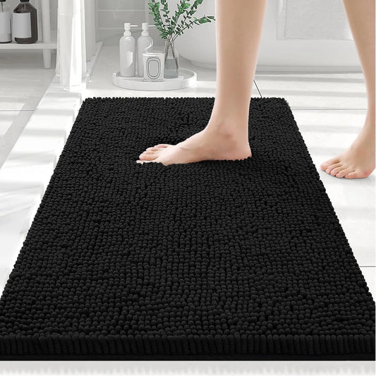 Black Luxury Chenille Bathroom Rug 30x20 – Soft, Absorbent, Non-Slip Bath Mat for Tub & Floor