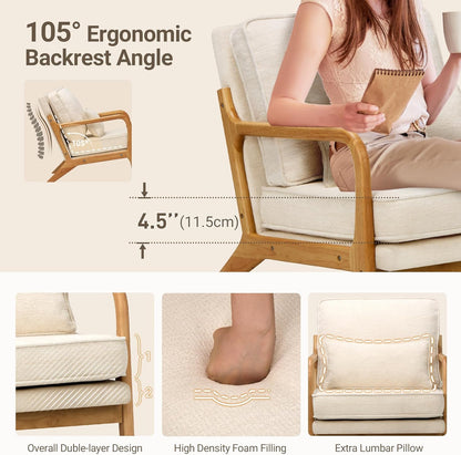 Mid Century Modern Accent Chair Set of 2 – Wood Frame Armchairs with Lumbar Pillow, Beige